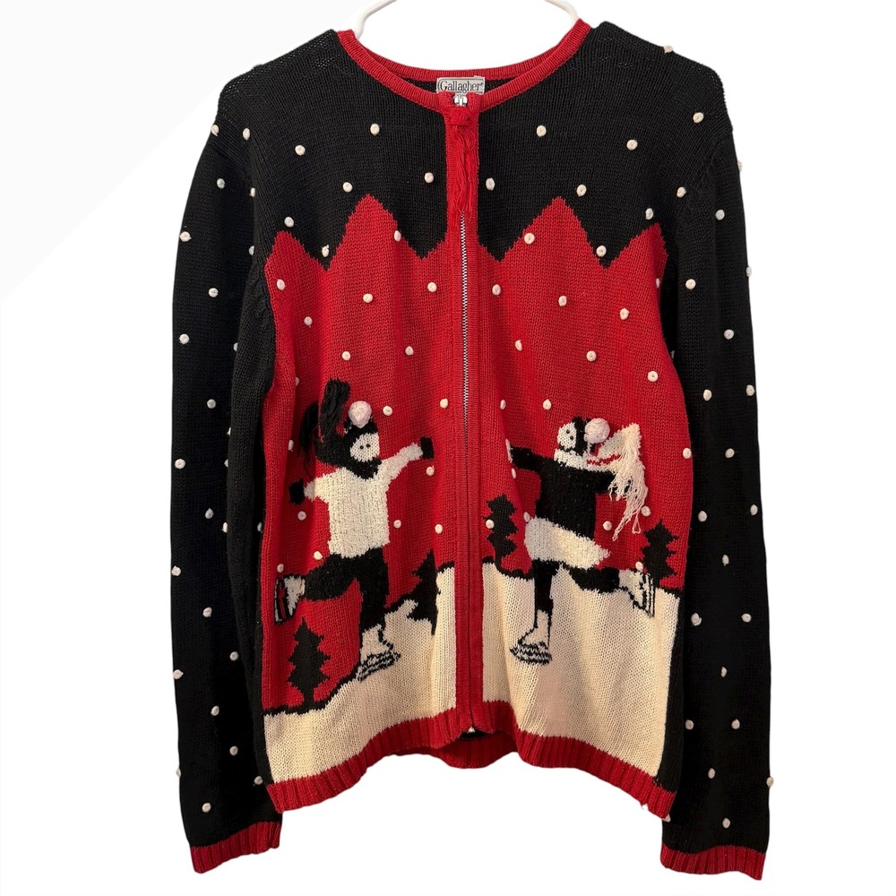 Gallagher Vintage M Ugly Christmas Sweater Zip‎ Up Ice Skating Scene Fair Isle
